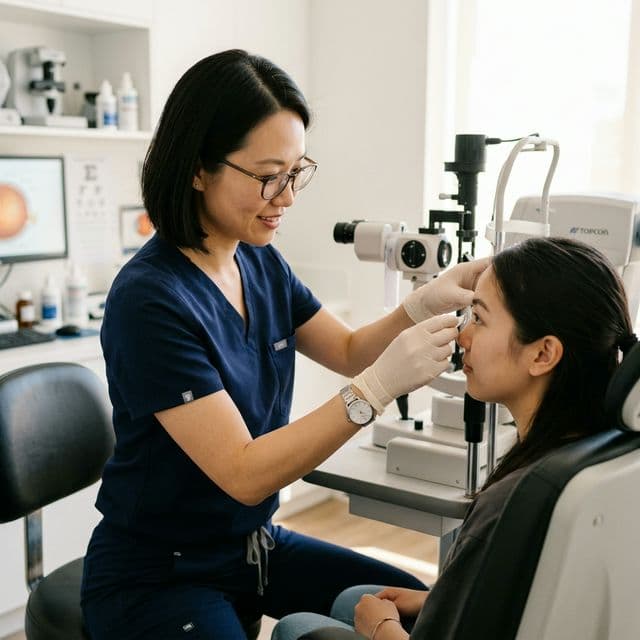 Patient inserting contact lenses